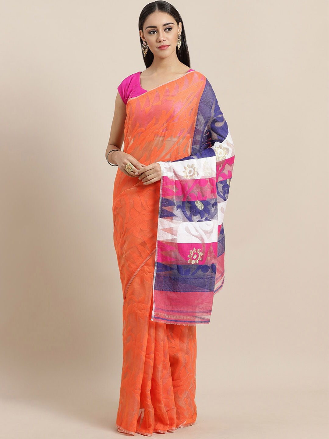 

Laa Calcutta Floral Woven Design Zari Jamdani Saree, Orange