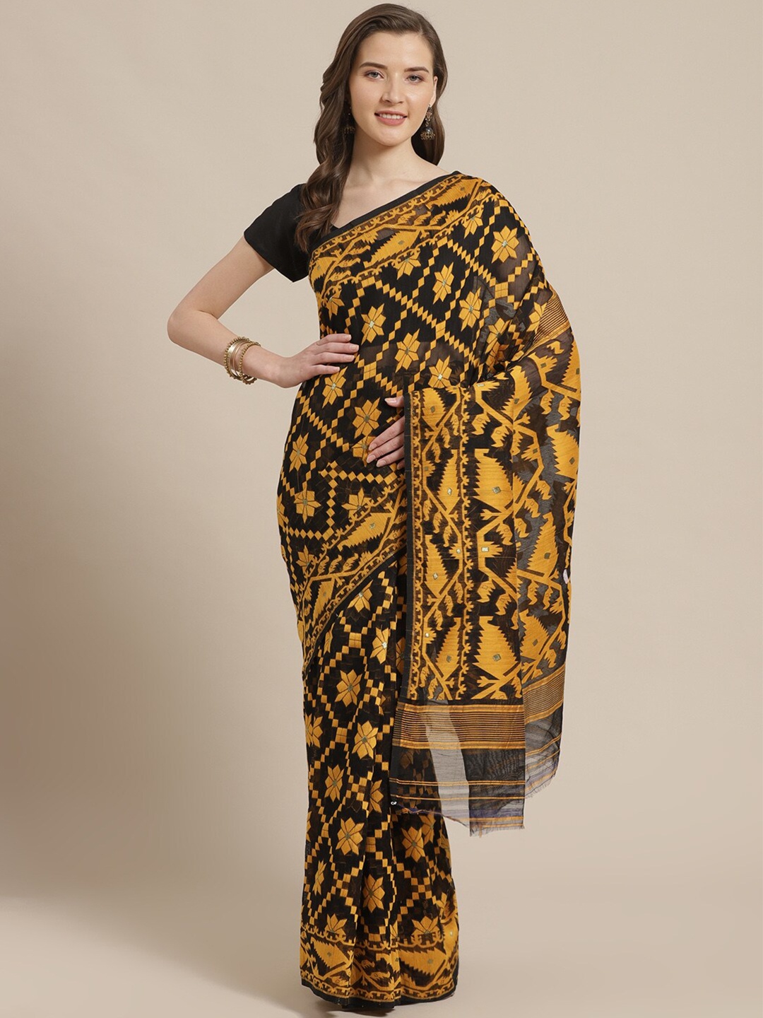 

Laa Calcutta Floral Woven Design Jamdani Saree, Black