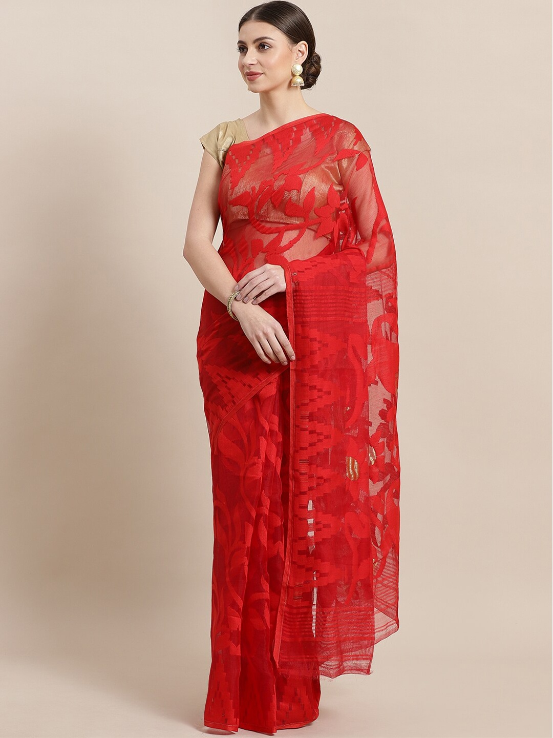 

Laa Calcutta Floral Motif Woven Design Zari Jamdani Saree, Red