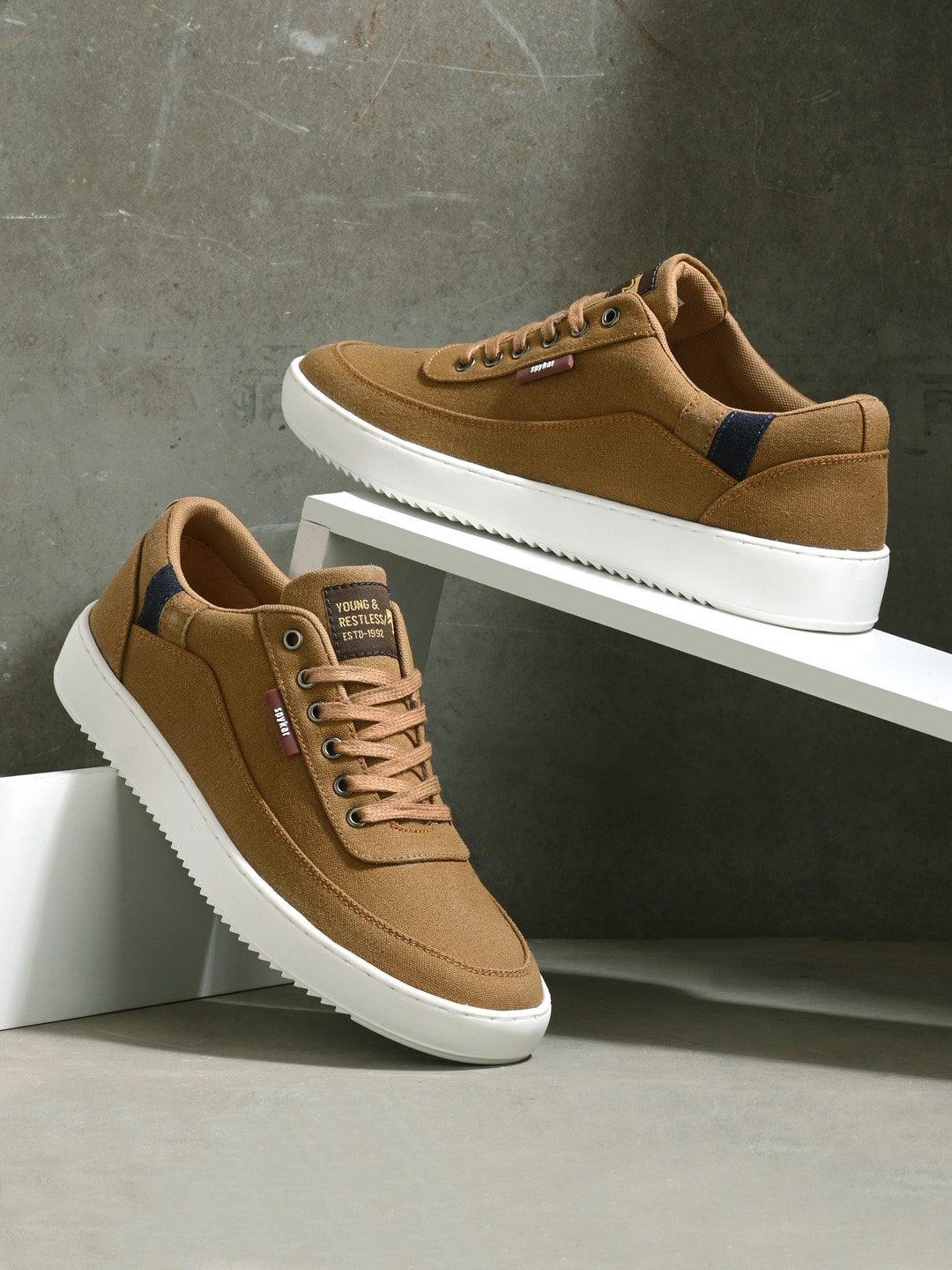 

SPYKAR Men Contrast Sole Canvas Sneakers, Tan