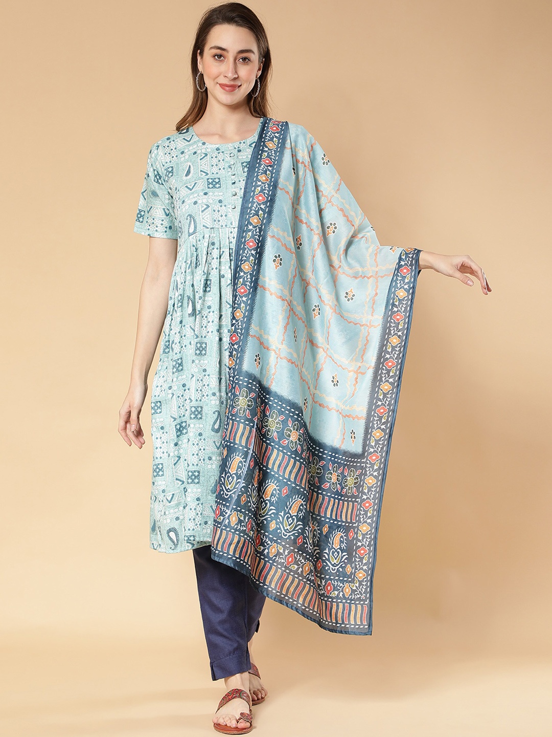 

Fabclub Ethnic Motifs Printed Empire Kurta with Trousers & Dupatta, Sea green