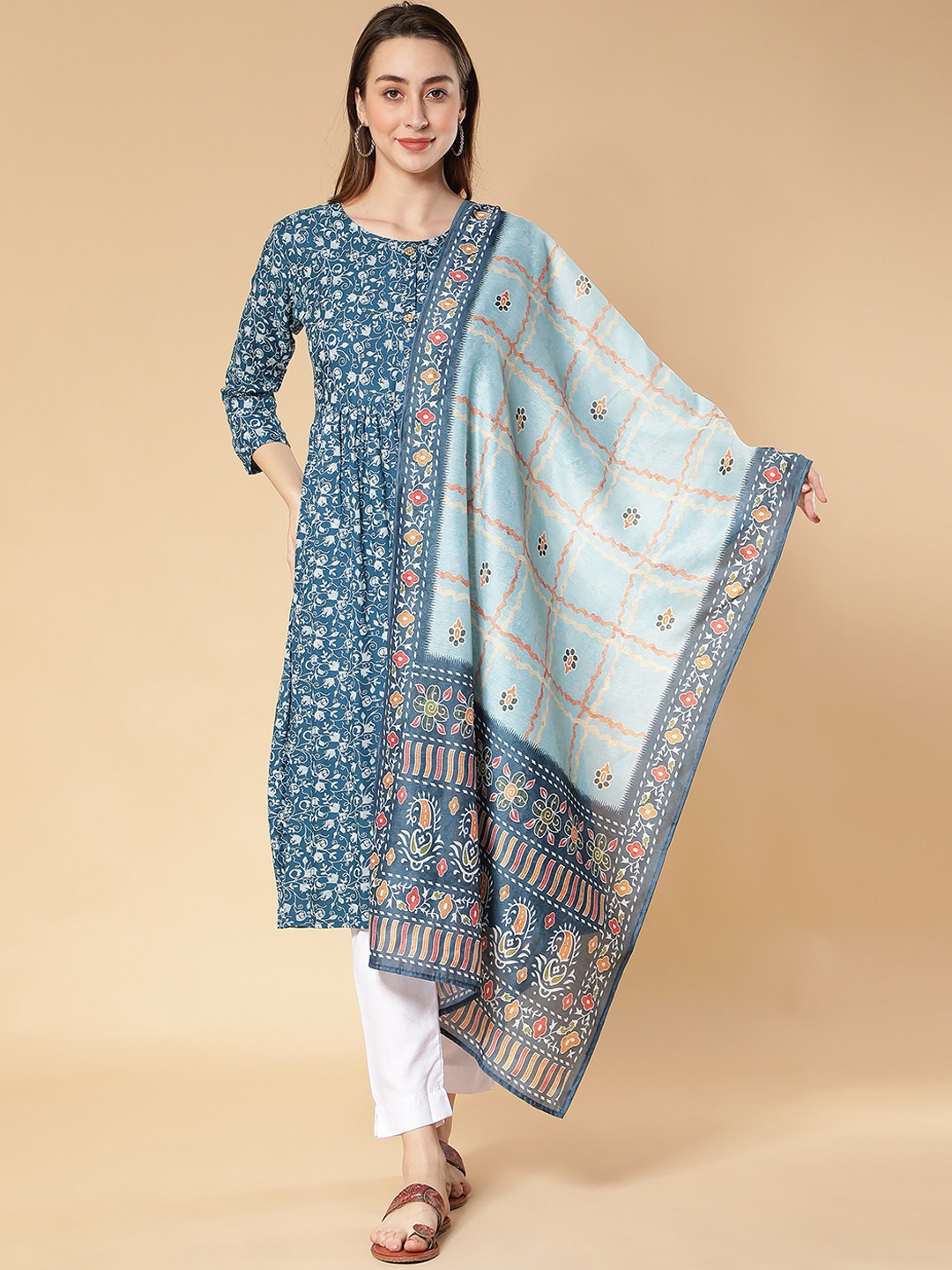 

Fabclub Ethnic Motifs Printed Empire Kurta with Trousers & Dupatta, Blue