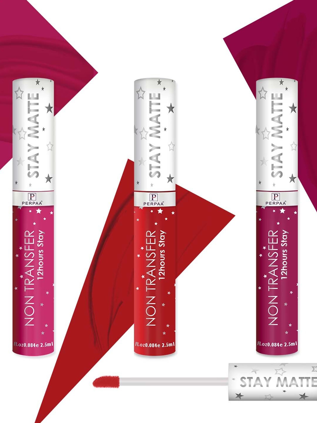 

PERPAA Set Of 3 Stay Matte Non-Transfer 12hrs Liquid Lipsticks - 2.5 ml Each, Red