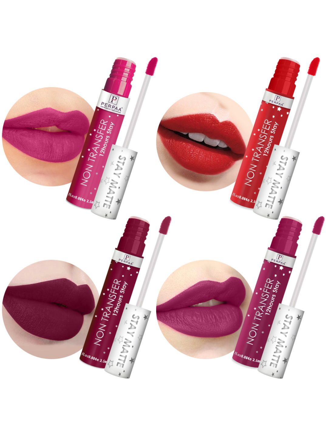 

PERPAA Set Of 4 Stay Matte Non-Transfer 12hrs Liquid Lipsticks - 2.5 ml Each, Red