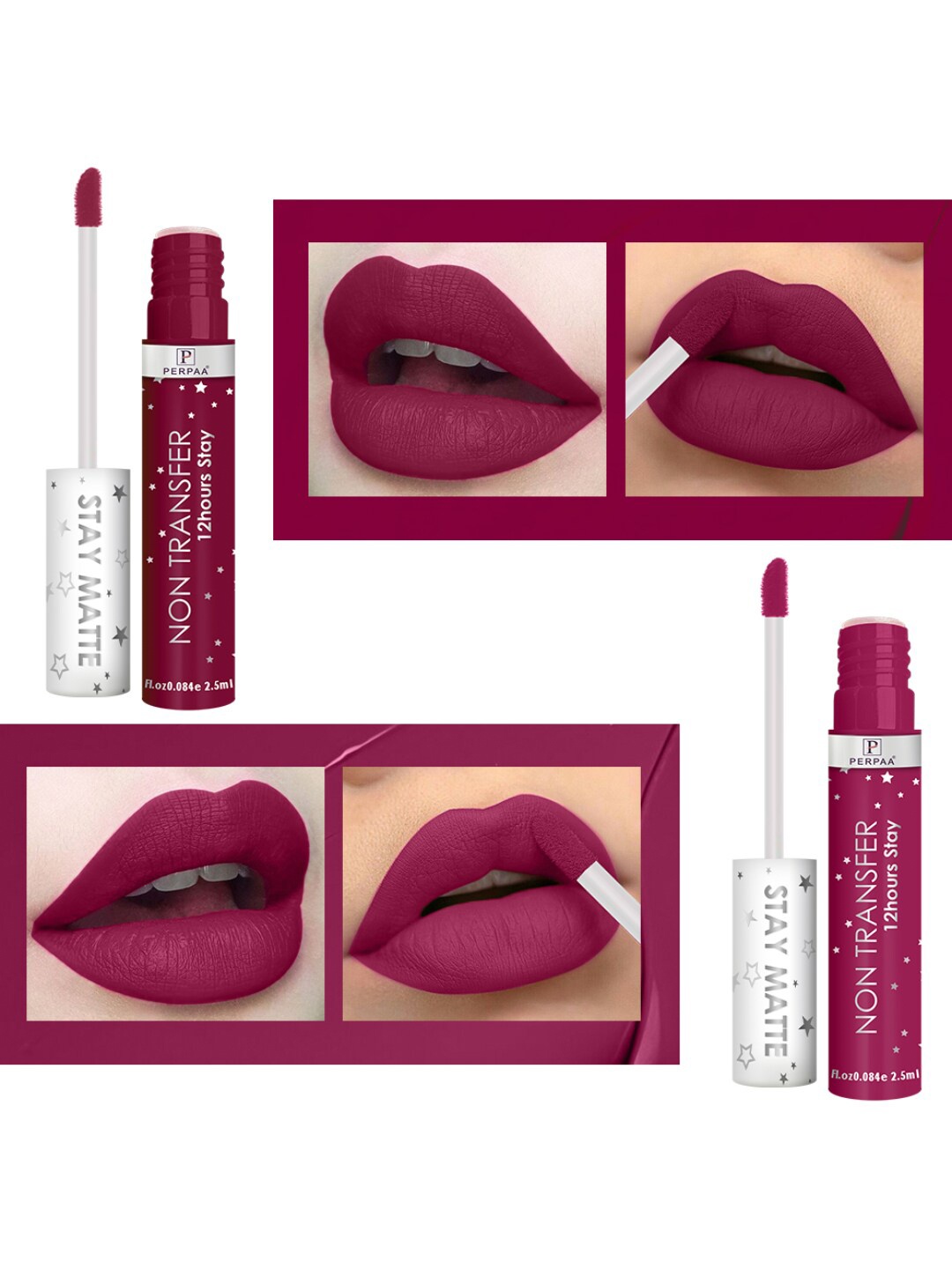 

PERPAA Set Of 2 Stay Matte Non-Transfer 12hrs Liquid Lipsticks - Maroon Wine & Ruby Pink