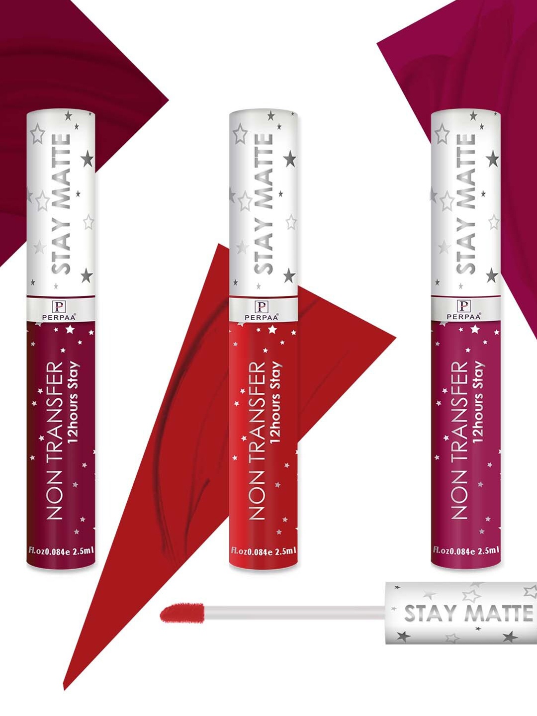 

PERPAA Set Of 3 Stay Matte Non-Transfer 12hrs Liquid Lipsticks - 2.5 ml Each, Red