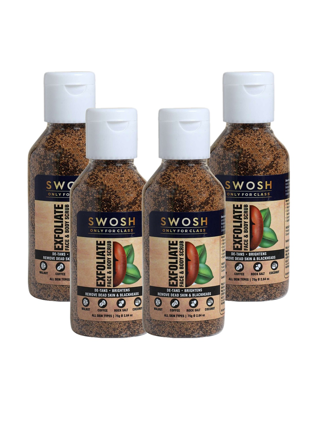 

SWOSH Set Of 4 Natural & Organic Exfoliating Coffee Scrub For Body & Face Tan Removal 75 g Each, Brown