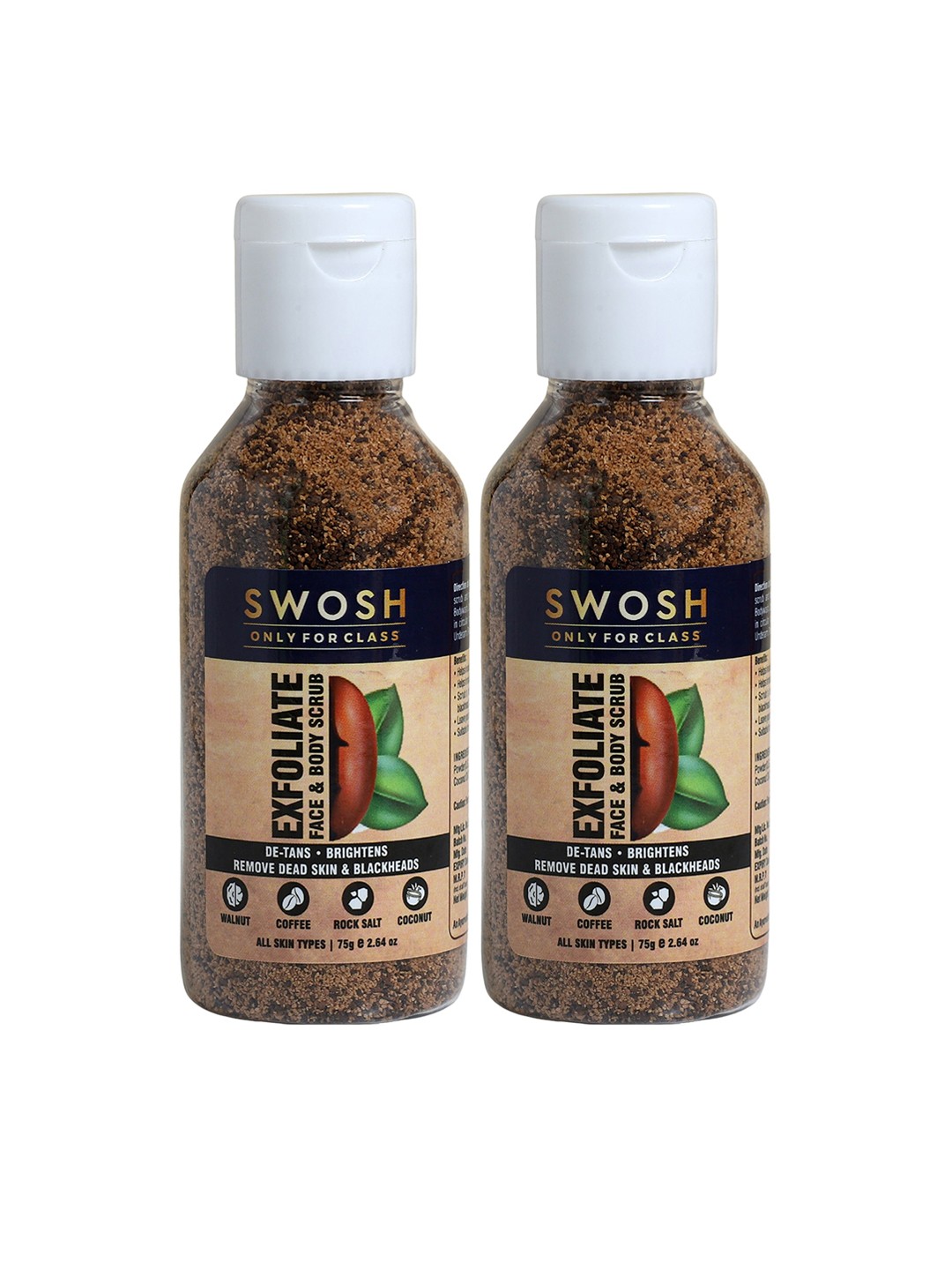 

SWOSH Set of 2 Exfoliating Face & Body Scrub to Remove Dead Skin - 75 g Each, Brown