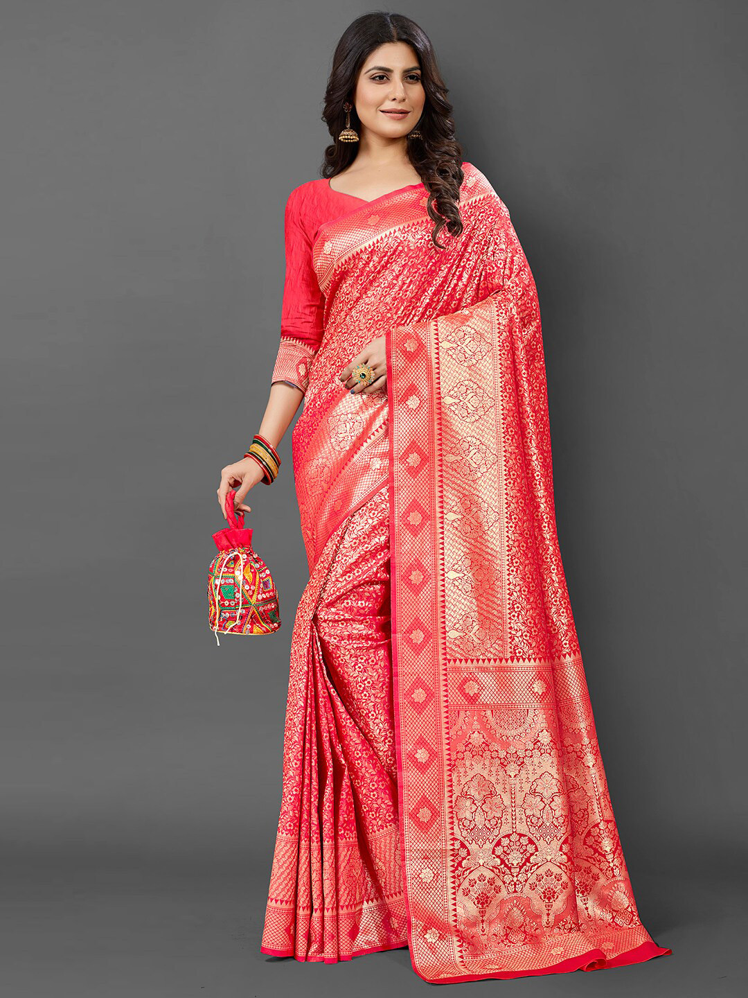 

Mitera Pink & Gold-Toned Woven Design Zari Silk Blend Kanjeevaram Saree