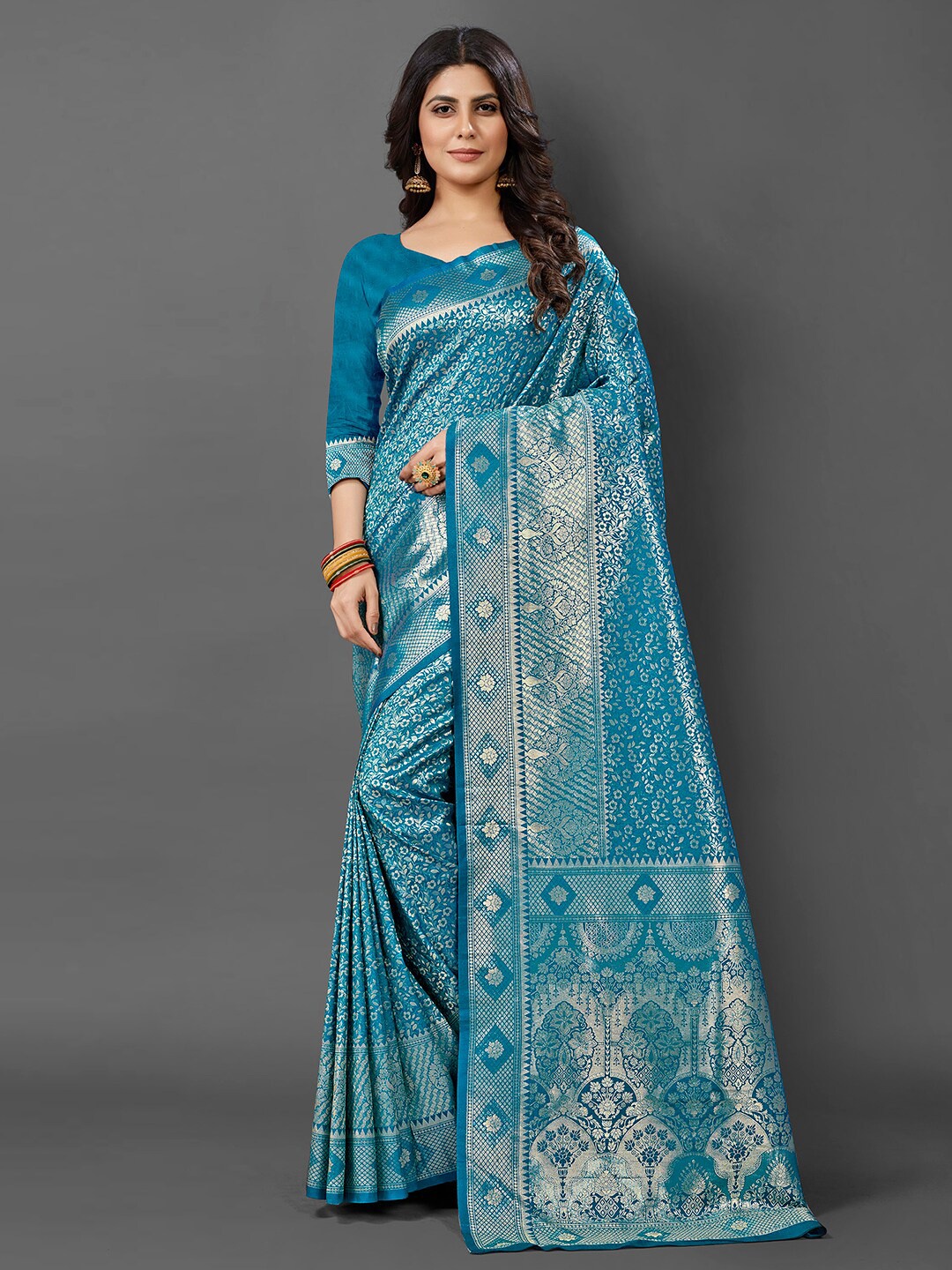 

Mitera Floral Woven Design Zari Kanjeevaram Saree, Blue