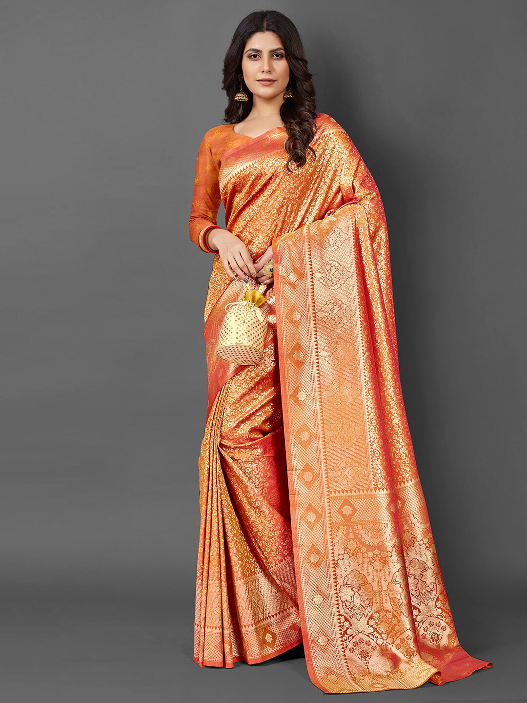 

Mitera Orange & Gold-Toned Woven Design Zari Silk Blend Kanjeevaram Saree