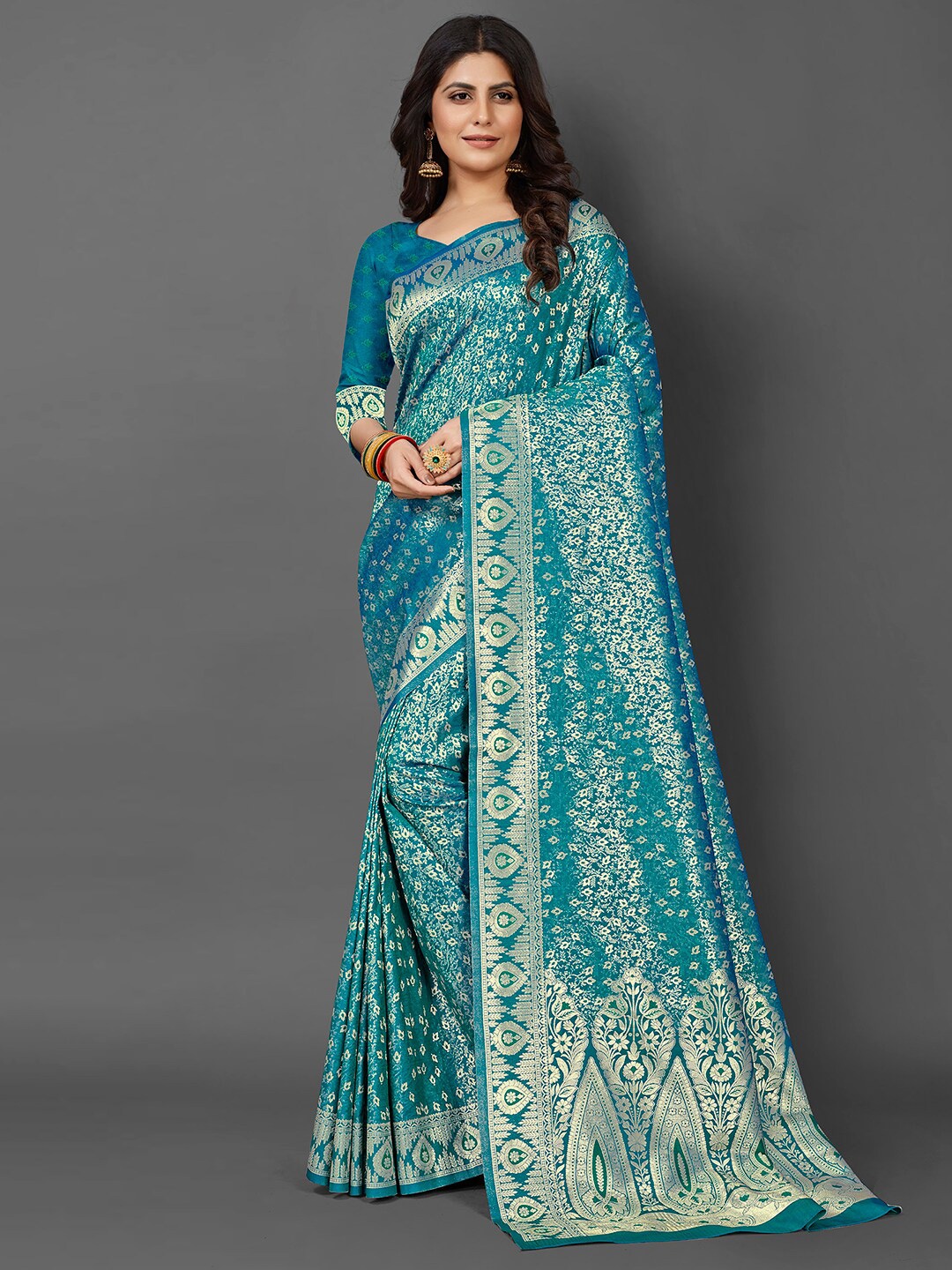 

Mitera Ethnic Woven Design Zari Kanjeevaram Saree, Teal