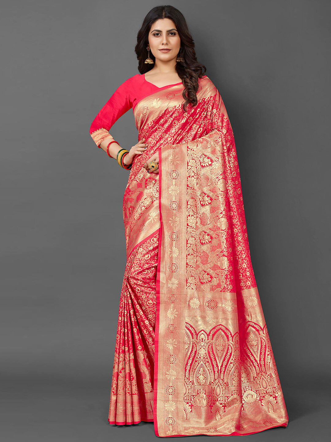 

Mitera Floral Motif Woven Design Zari Kanjeevaram Saree, Pink