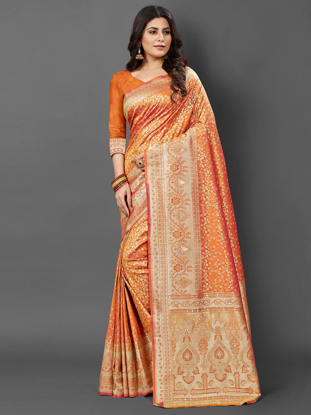 

Mitera Orange & Gold-Toned Woven Design Zari Silk Blend Kanjeevaram Saree