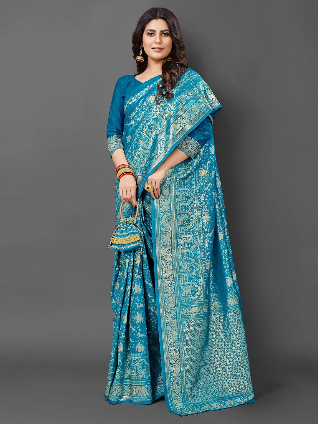 

Mitera Blue & Gold-Toned Woven Design Zari Silk Blend Kanjeevaram Saree
