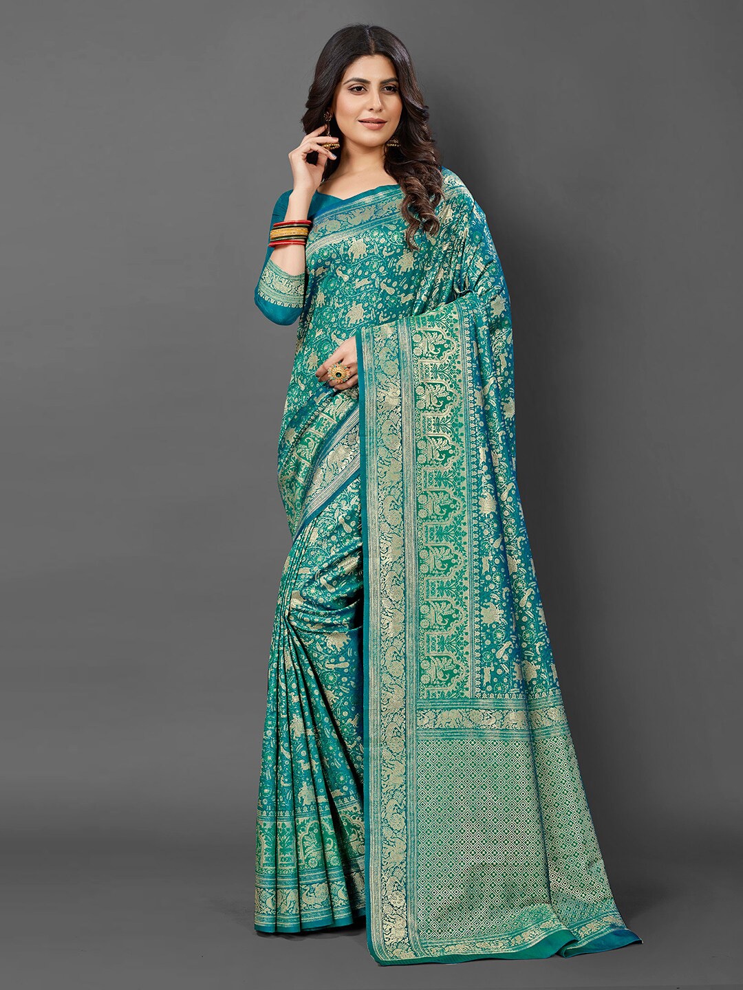

Mitera Ethnic Motif Woven Design Kanjeevaram Saree, Teal