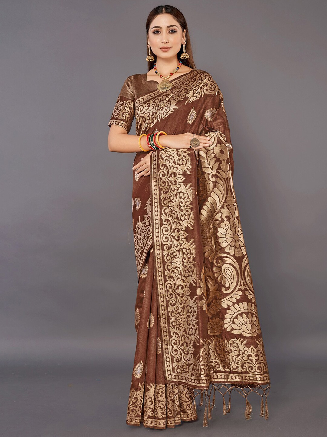 

Mitera Ethnic Motifs Woven Design Zari Silk Cotton Banarasi Saree, Brown