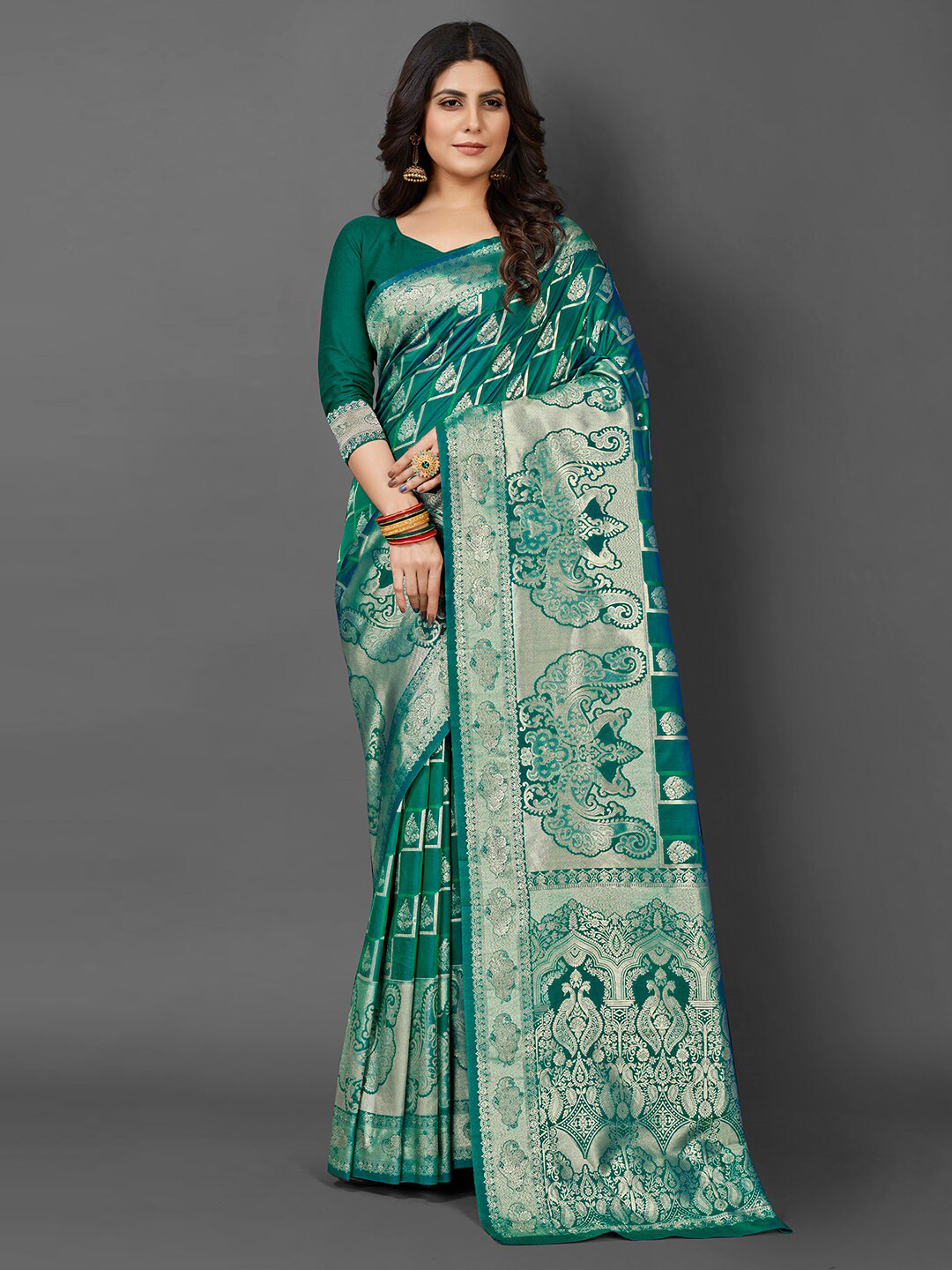 

Mitera Ethnic Motifs Woven Design Zari Kanjeevaram Saree, Teal