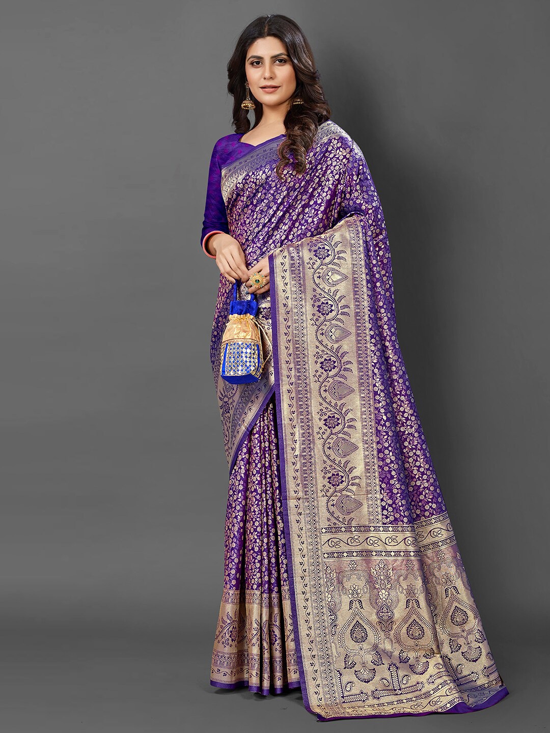 

Mitera Purple & Gold-Toned Woven Design Zari Silk Blend Kanjeevaram Saree