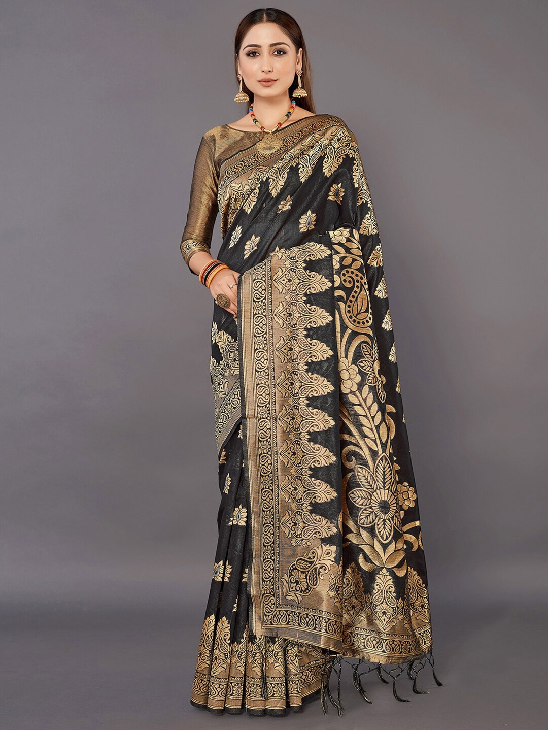 

Mitera Floral Woven Design Zari Silk Cotton Banarasi Saree, Black
