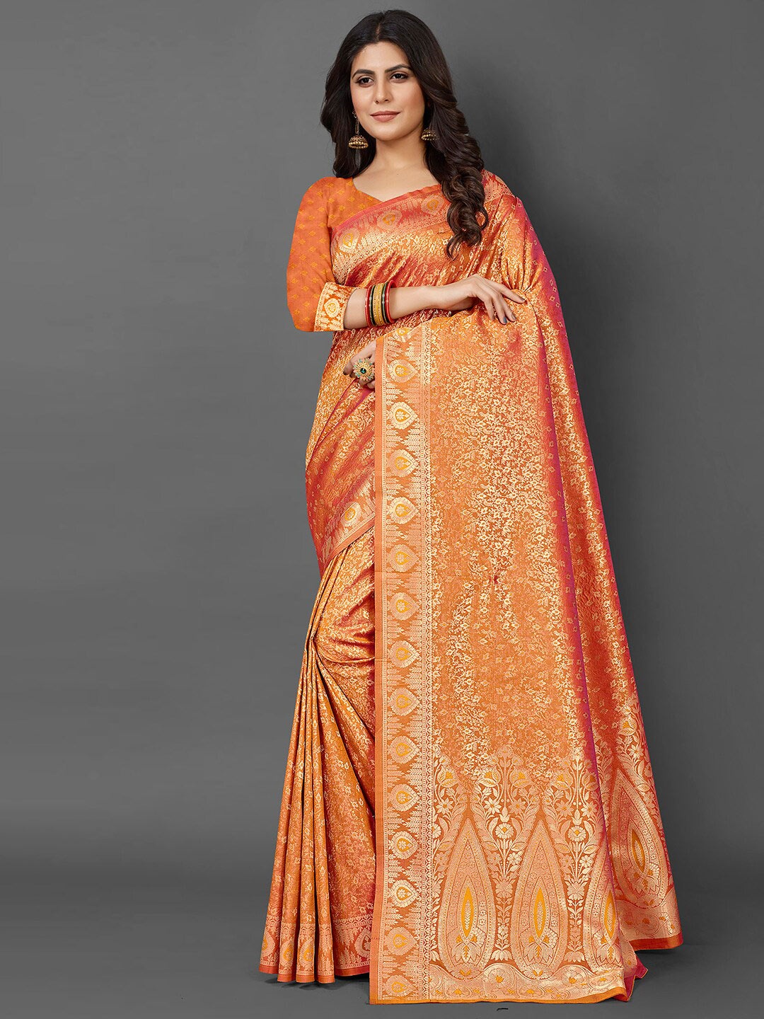 

Mitera Floral Woven Design Zari Kanjeevaram Saree, Orange
