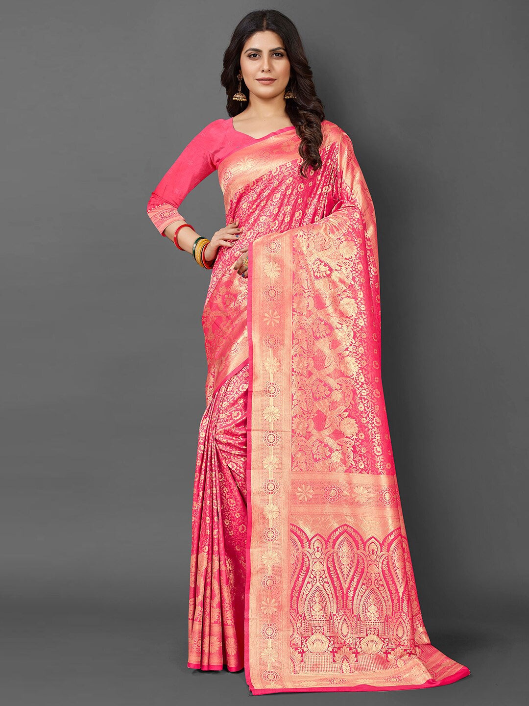 

Mitera Floral Woven Design Zari Kanjeevaram Saree, Pink