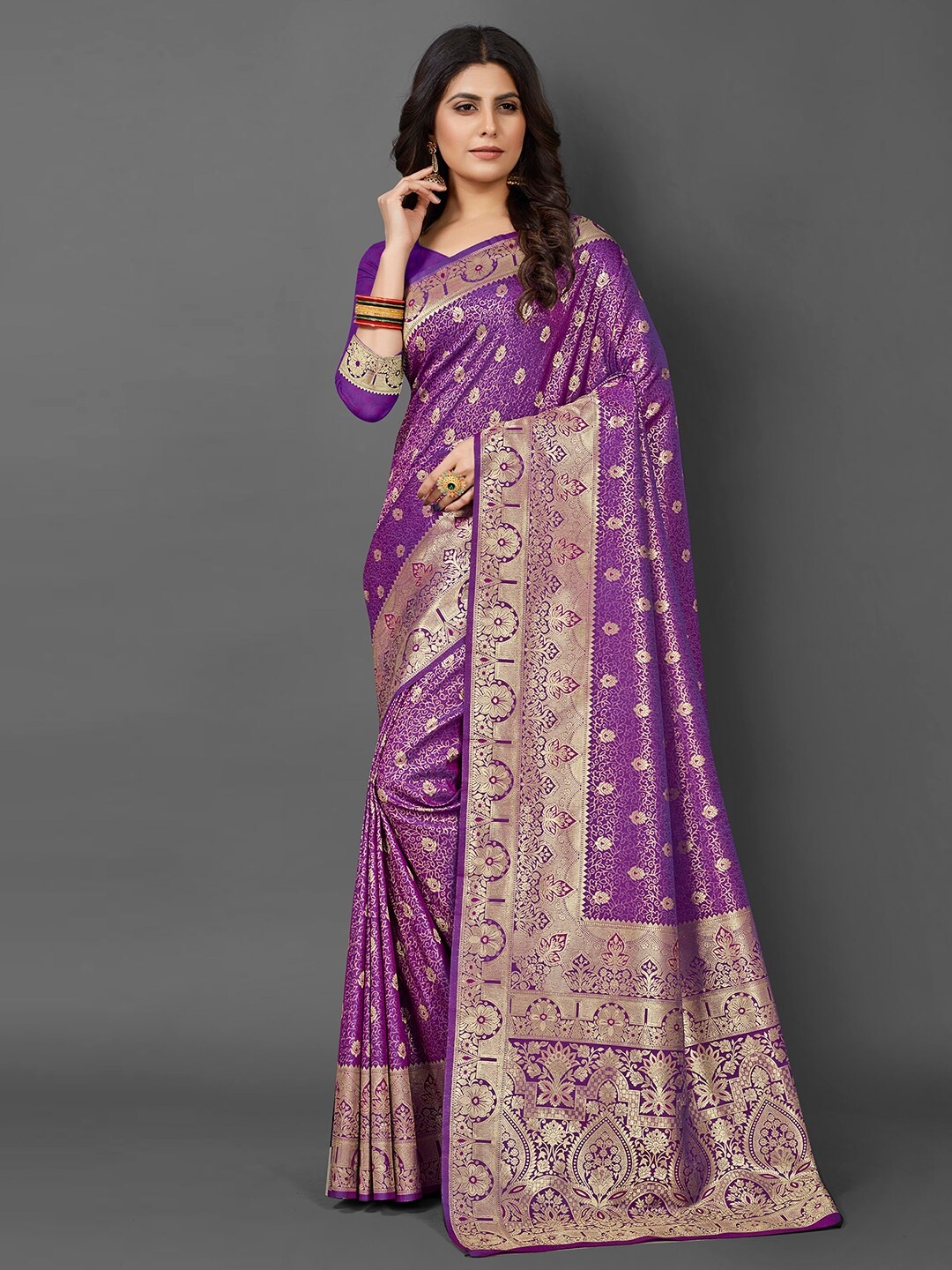 

Mitera Ethnic Motifs Woven Design Zari Kanjeevaram Saree, Purple
