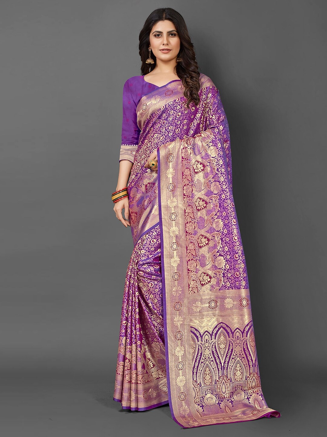 

Mitera Floral Woven Design Zari Kanjeevaram Saree, Purple