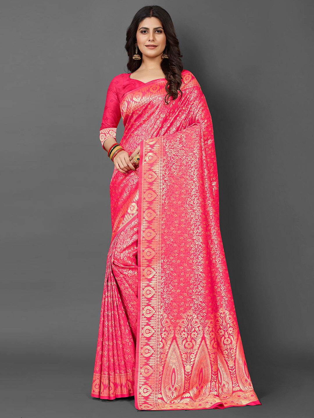 

Mitera Floral Woven Design Zari Kanjeevaram Saree, Pink