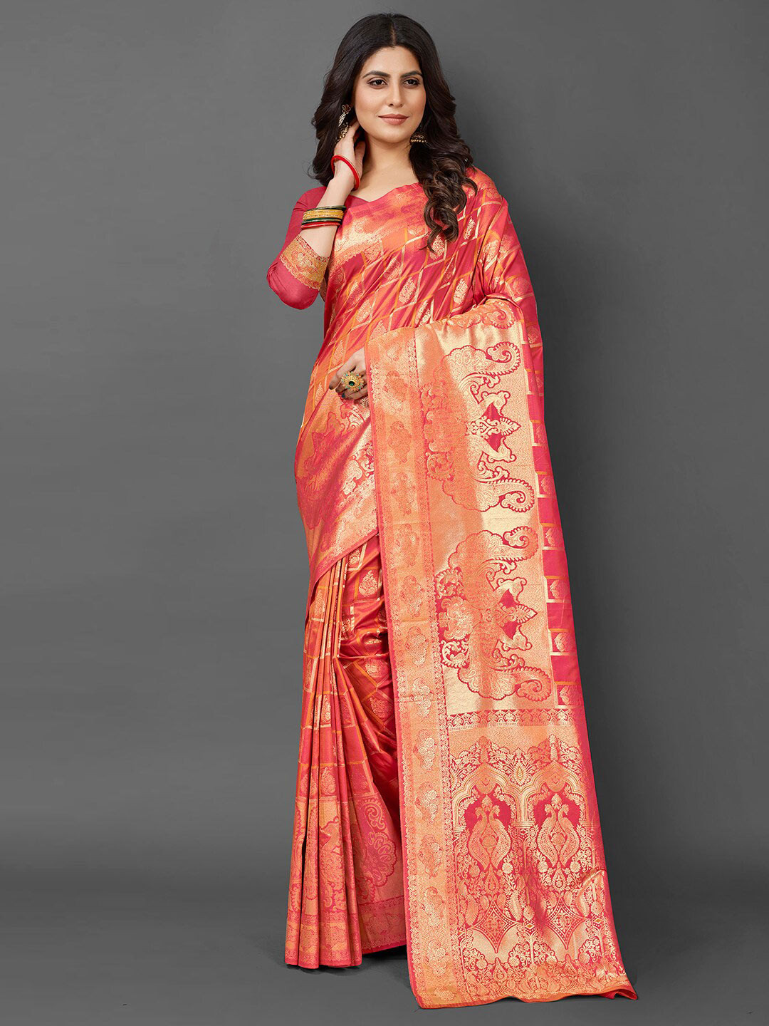 

Mitera Ethnic Motifs Woven Design Zari Kanjeevaram Saree, Peach