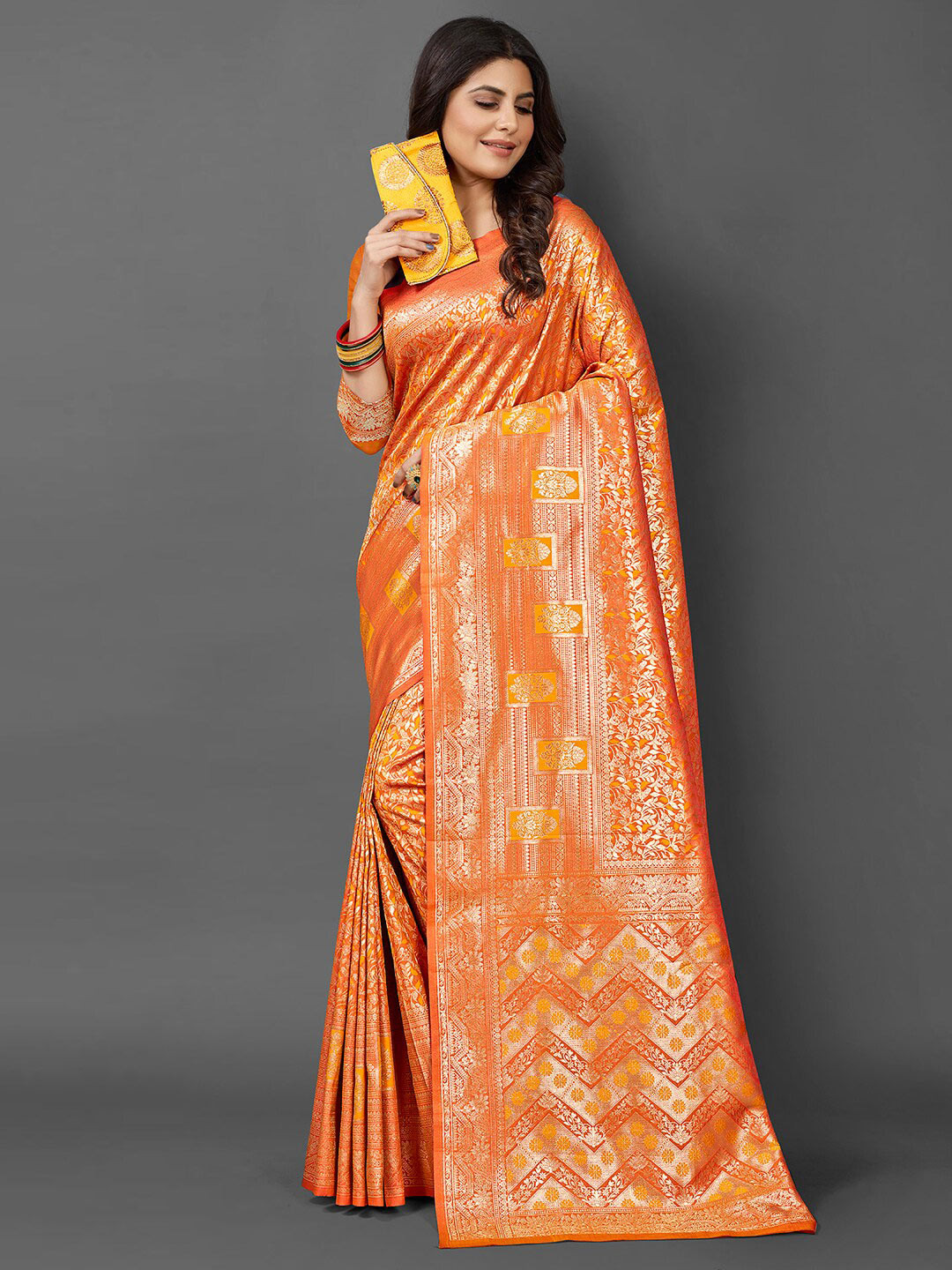 

Mitera Orange & Gold-Toned Woven Design Zari Silk Blend Kanjeevaram Saree