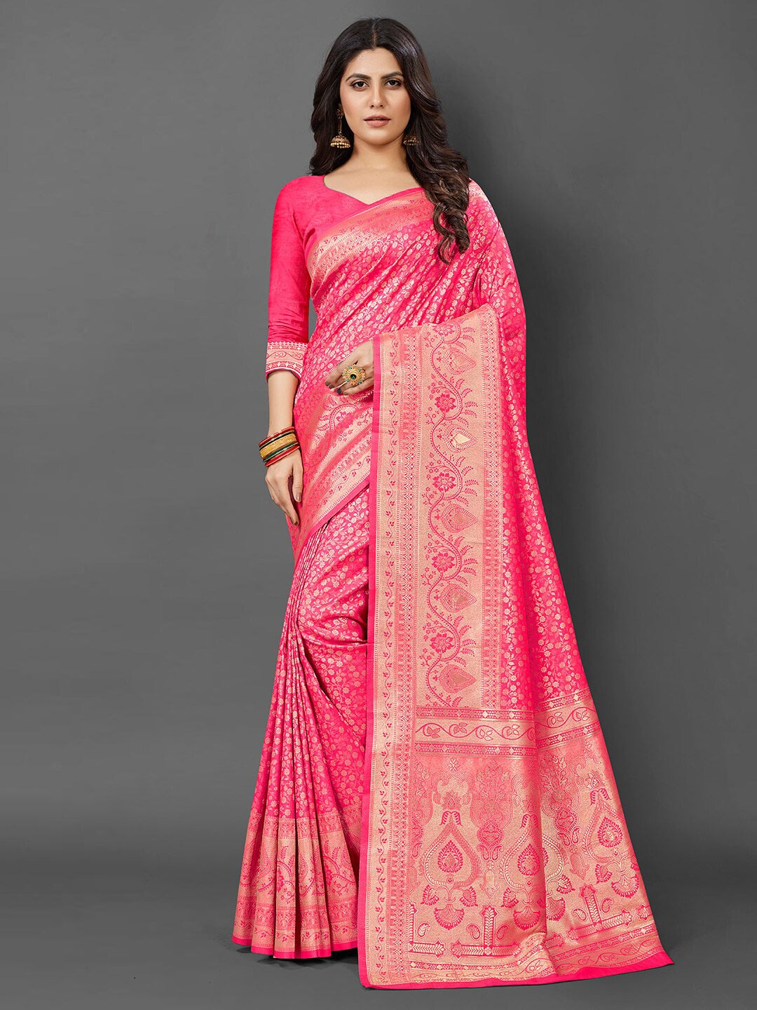 

Mitera Floral Woven Design Zari Kanjeevaram Saree, Pink