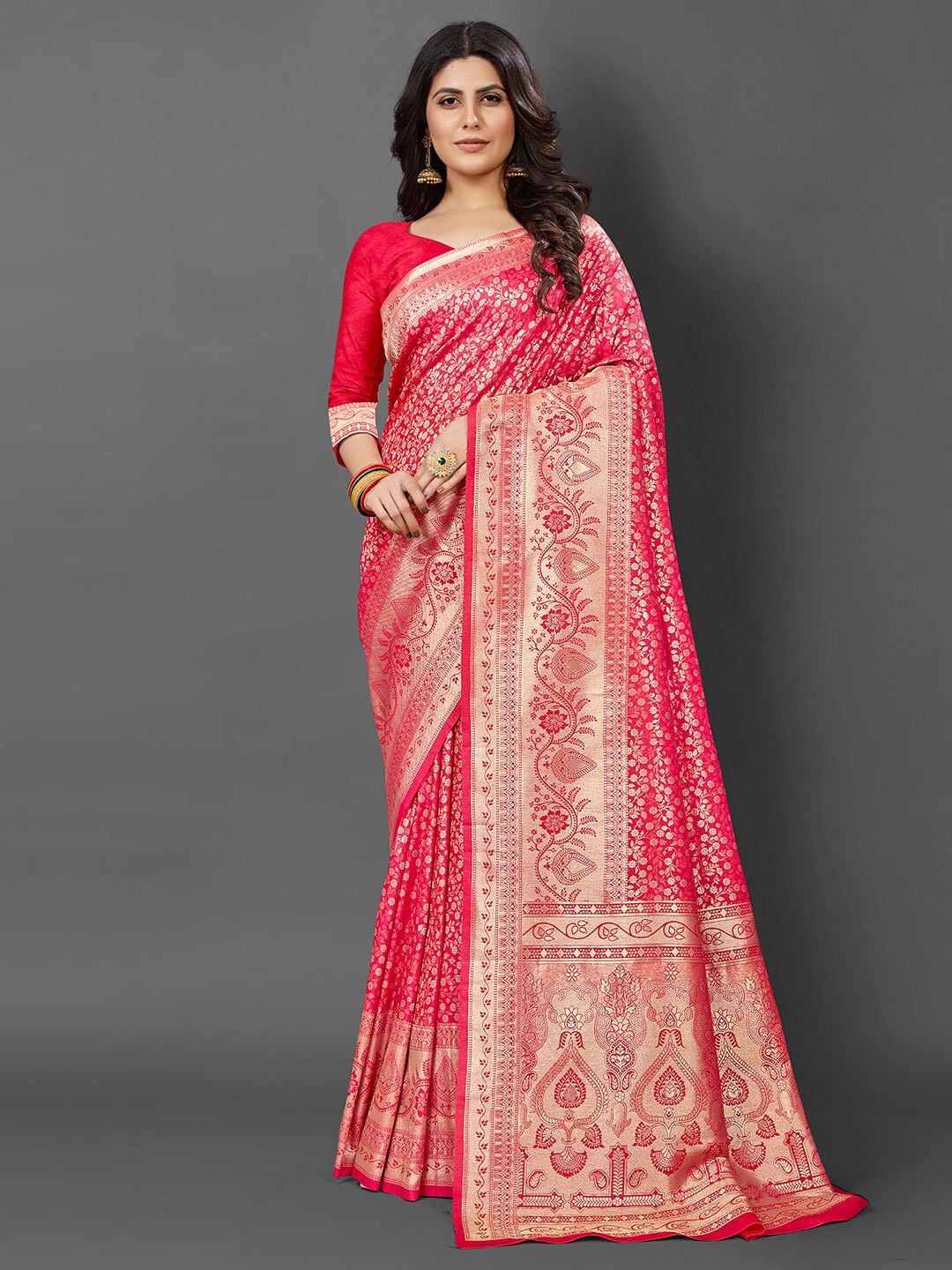 

Mitera Pink & Gold-Toned Woven Design Zari Silk Blend Kanjeevaram Saree