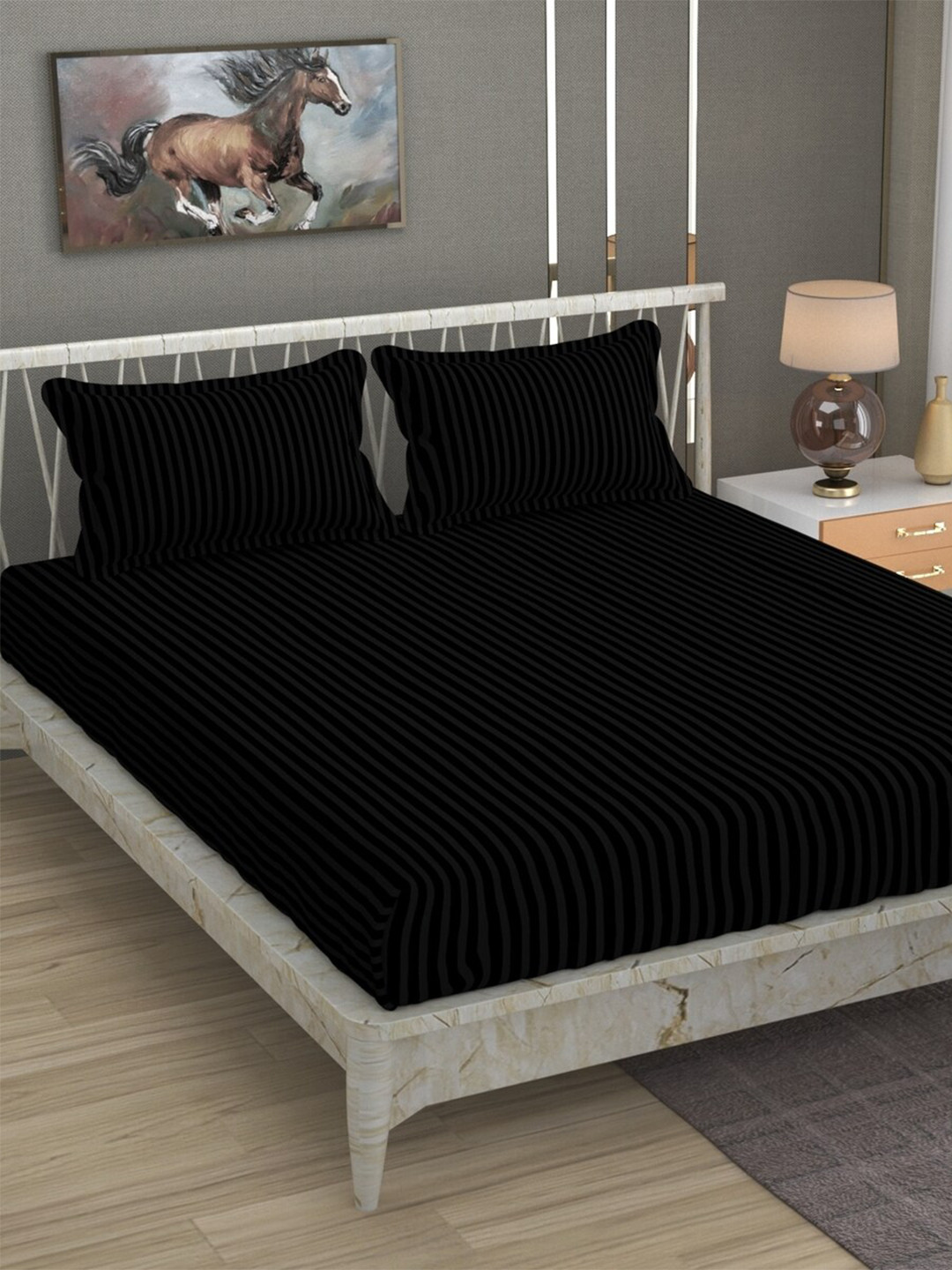 

BELVOSTUM Black Striped 220 TC Cotton Queen Bedsheet With 2 Pillow Covers