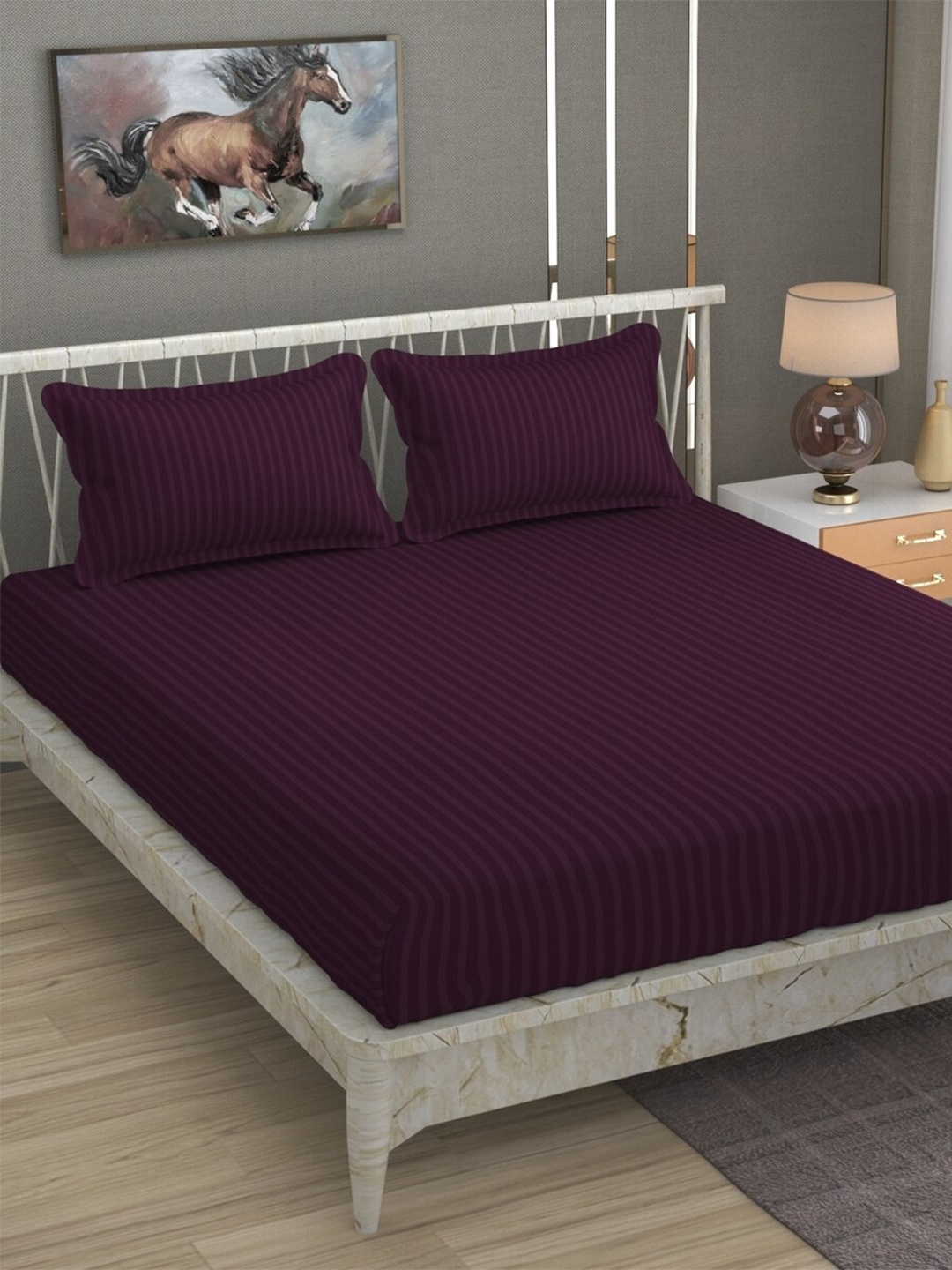 

BELVOSTUM Purple Striped 220 TC Cotton Queen Bedsheet With 2 Pillow Covers