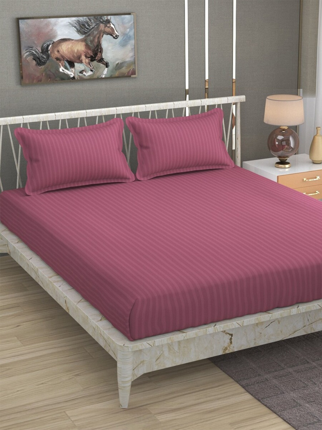 

BELVOSTUM Purple Striped 220 TC Cotton Queen Bedsheet With 2 Pillow Covers
