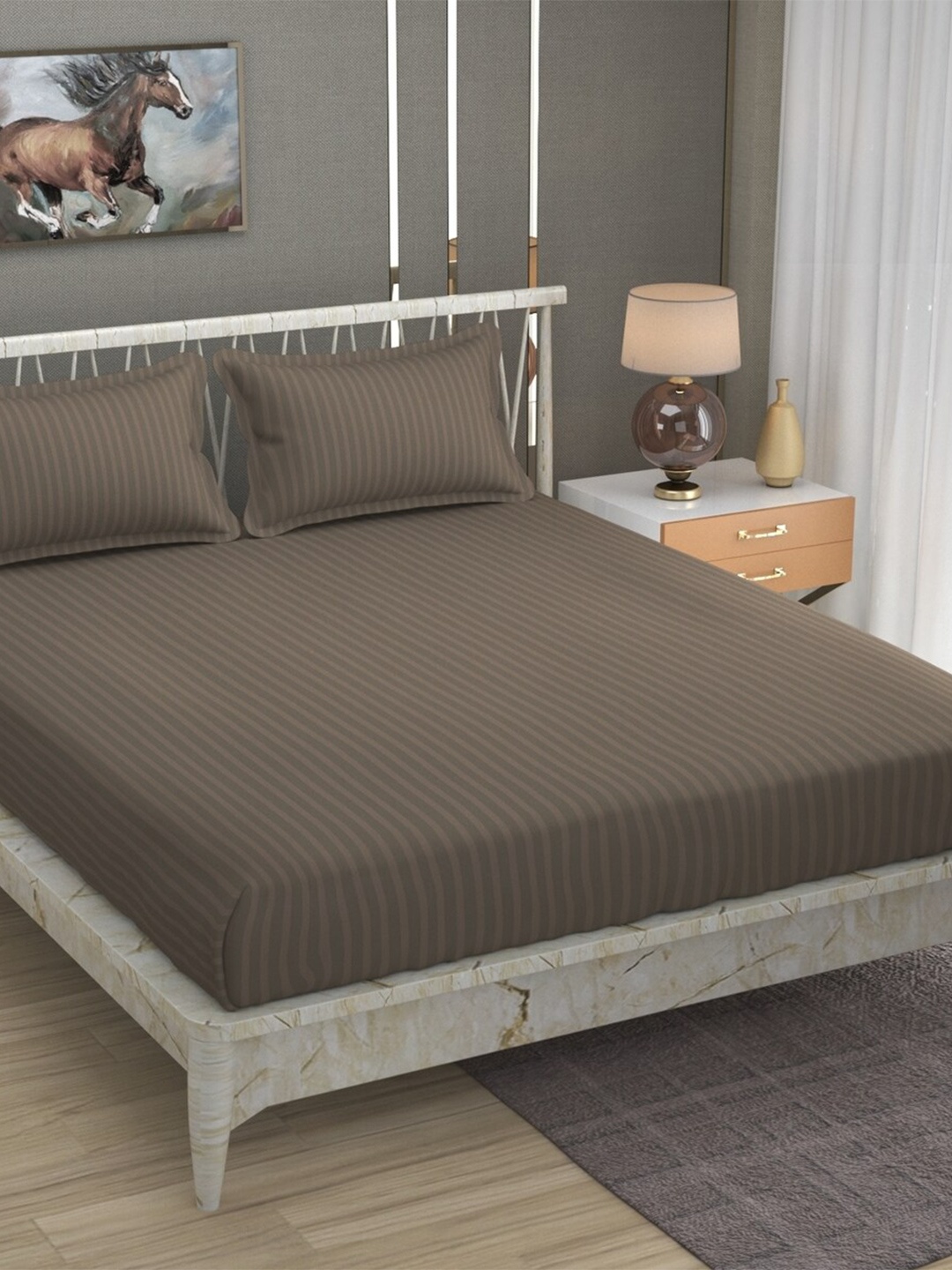 

BELVOSTUM Beige Striped 220 TC Cotton Queen Bedsheet With 2 Pillow Covers