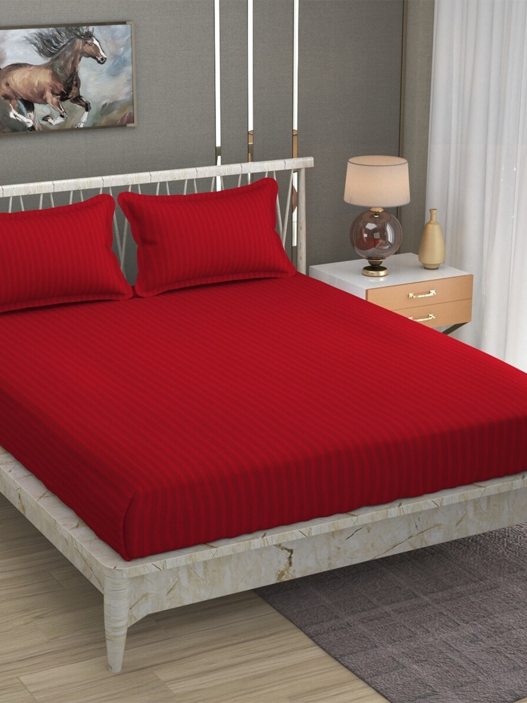 

BELVOSTUM Red Striped 220 TC Cotton Queen Bedsheet With 2 Pillow Covers