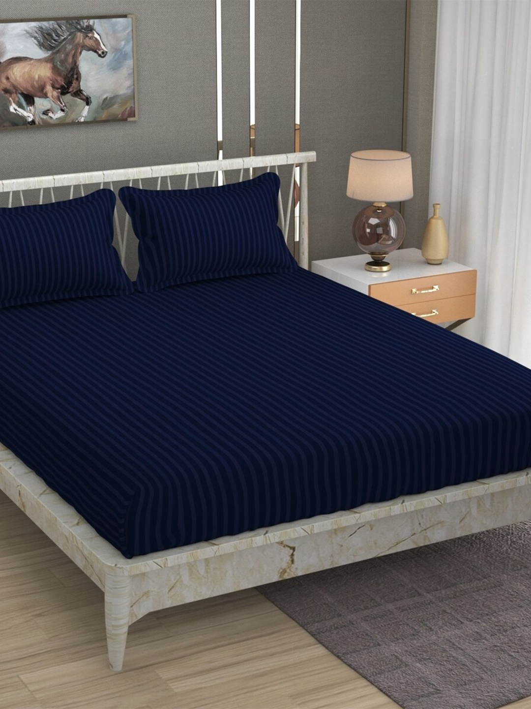 

BELVOSTUM Navy Blue Striped 220 TC Cotton Queen Bedsheet With 2 Pillow Covers