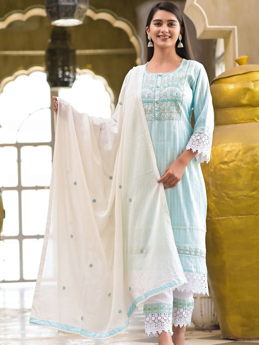 

Zolo Label Women Blue Ethnic Motifs Embroidered Pure Cotton Kurta with Trousers & With Dupatta
