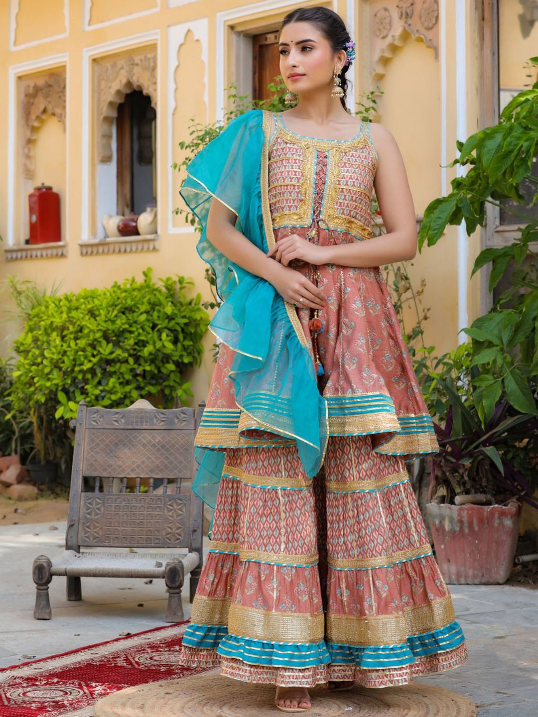 

Zolo Label Ethnic Motifs Printed Gotta Patti Pure Cotton Kurta with Sharara & Dupatta, Brown