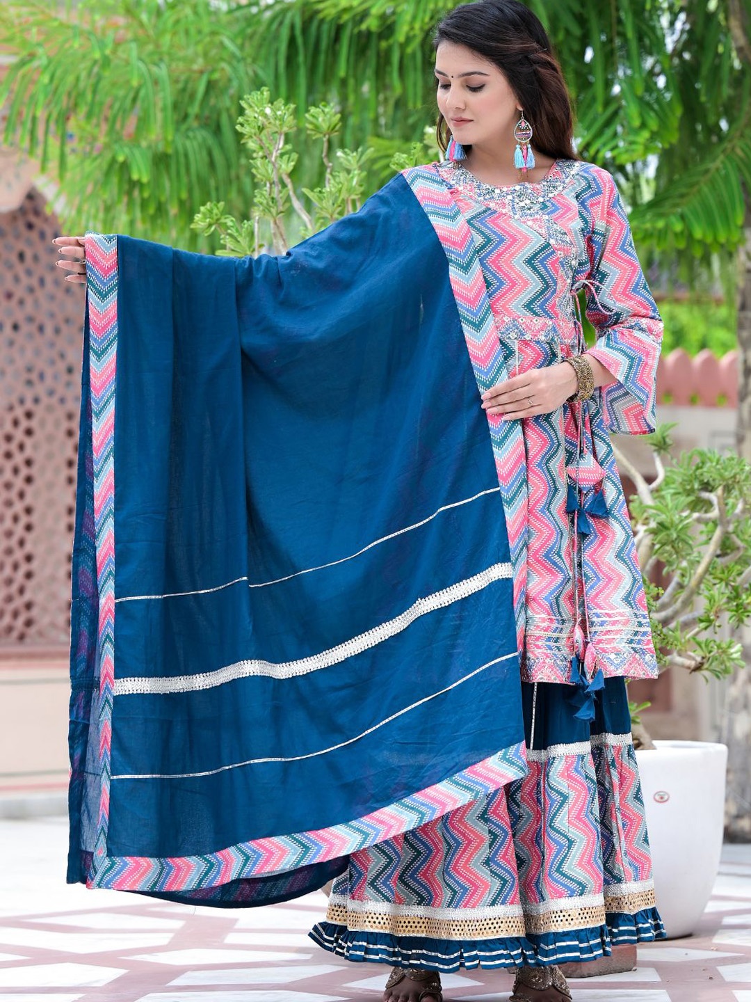 

Zolo Label Chevron Printed Angrakha Mirror Work Pure Cotton Kurta With Sharara & Dupatta, Blue