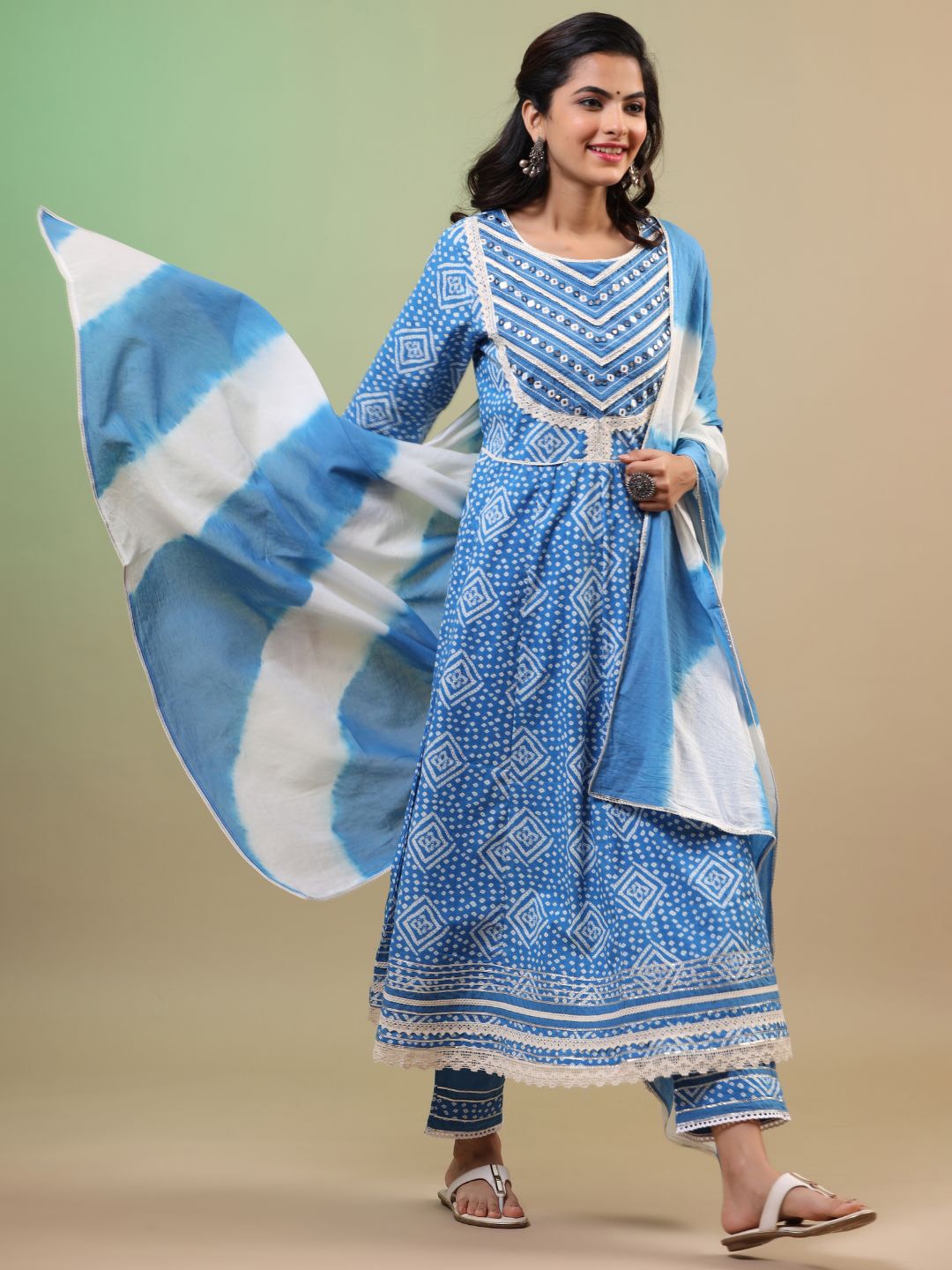 

Zolo Label Ethnic Motifs Printed Mirror Work Pure Cotton Kurta with Palazzos & Dupatta, Blue