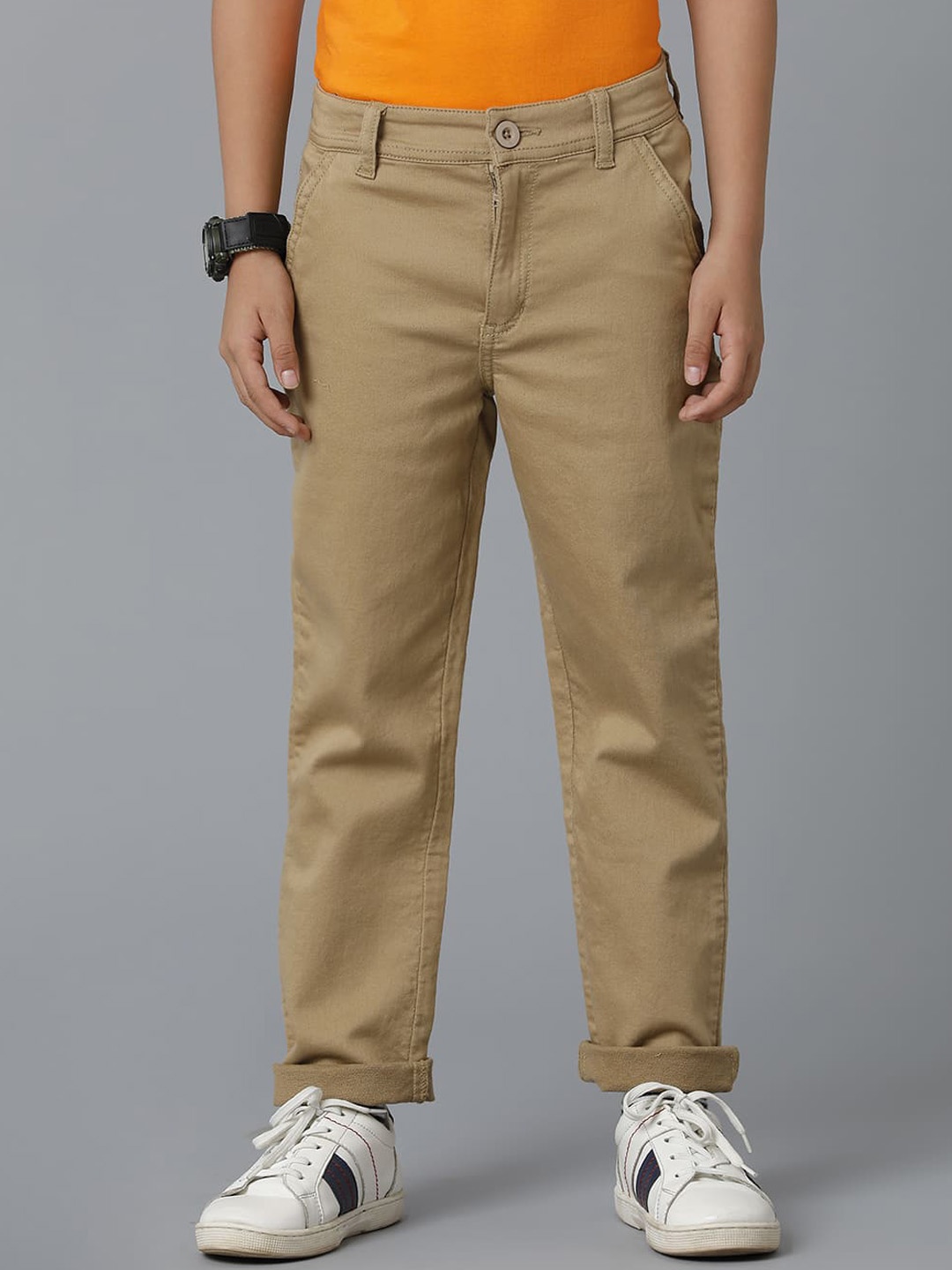 

UNDER FOURTEEN ONLY Boys Cotton Regular Fit Mid-Rise Trousers, Khaki