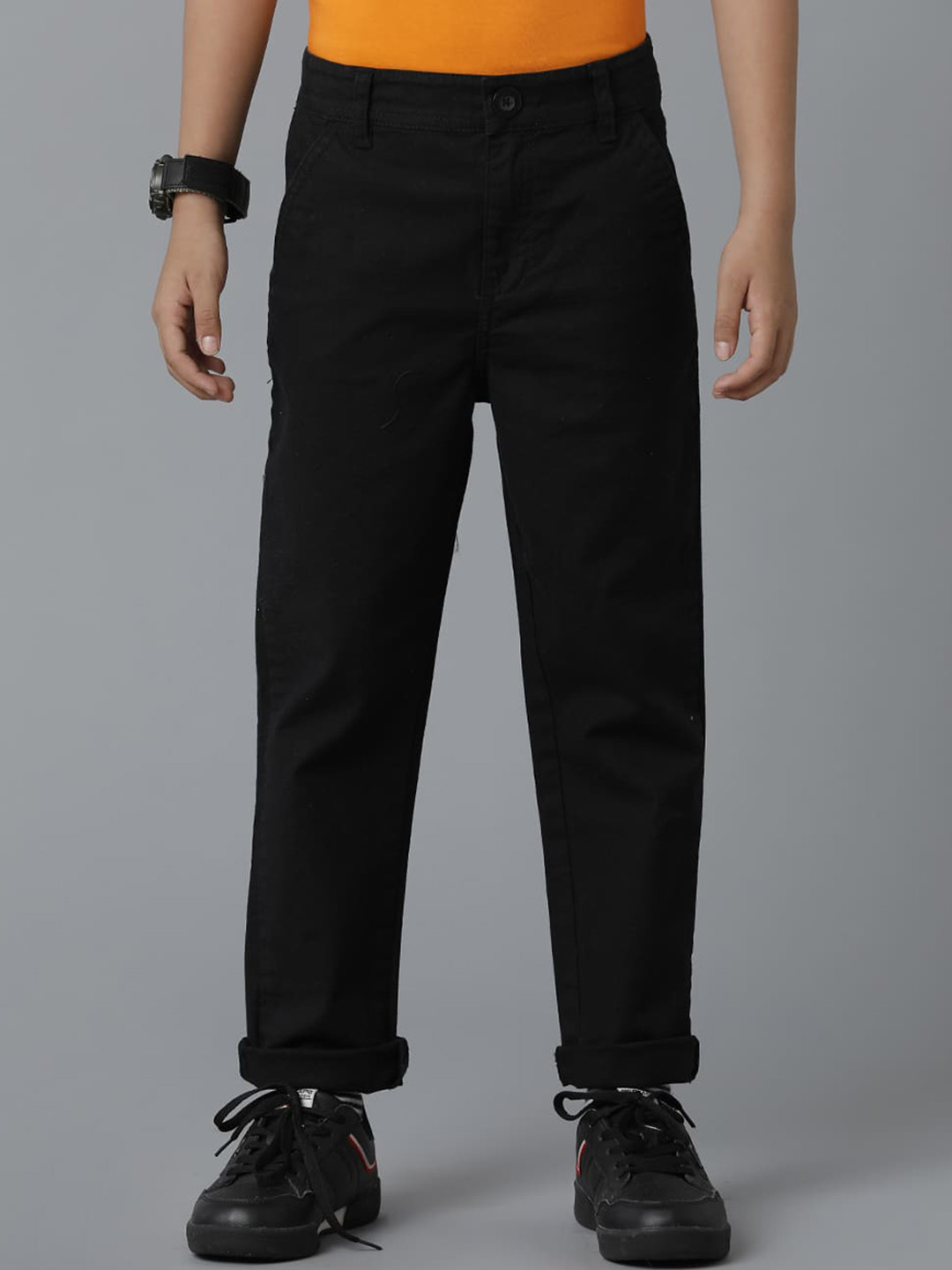 

UNDER FOURTEEN ONLY Boys Flat-Front Mid-Rise Cotton Chinos Trousers, Black