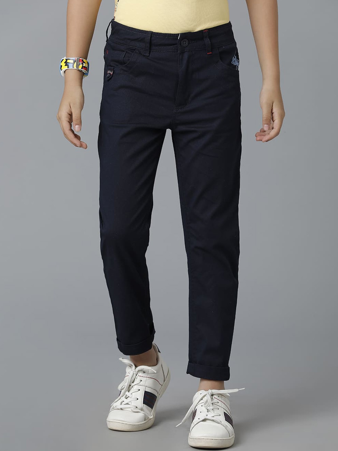 

UNDER FOURTEEN ONLY Boys Cotton Regular Fit Mid-Rise Trousers, Navy blue