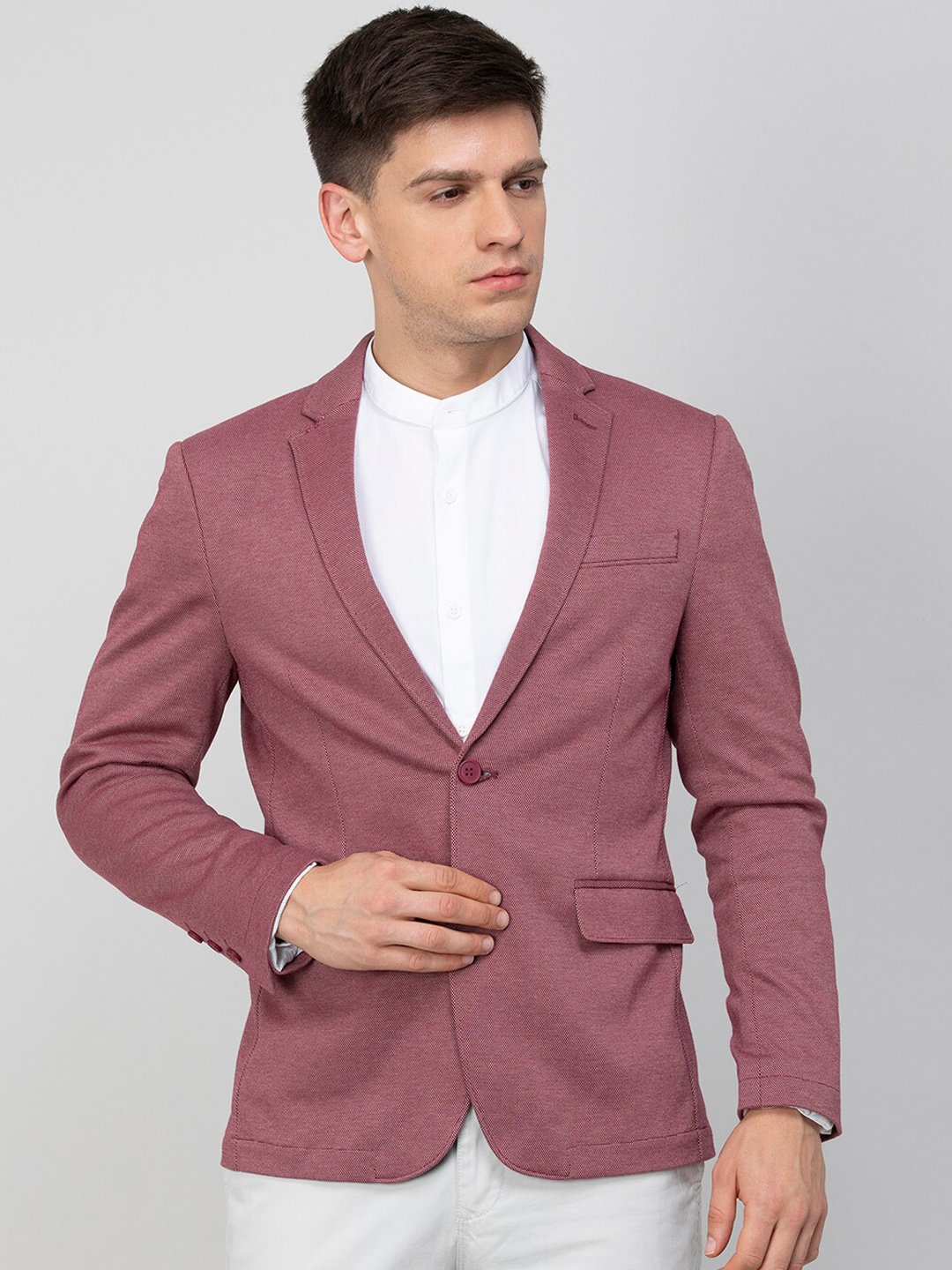 

CODE by Lifestyle Men Self Design Slim-Fit Single-Breasted Cotton Blazer, Pink