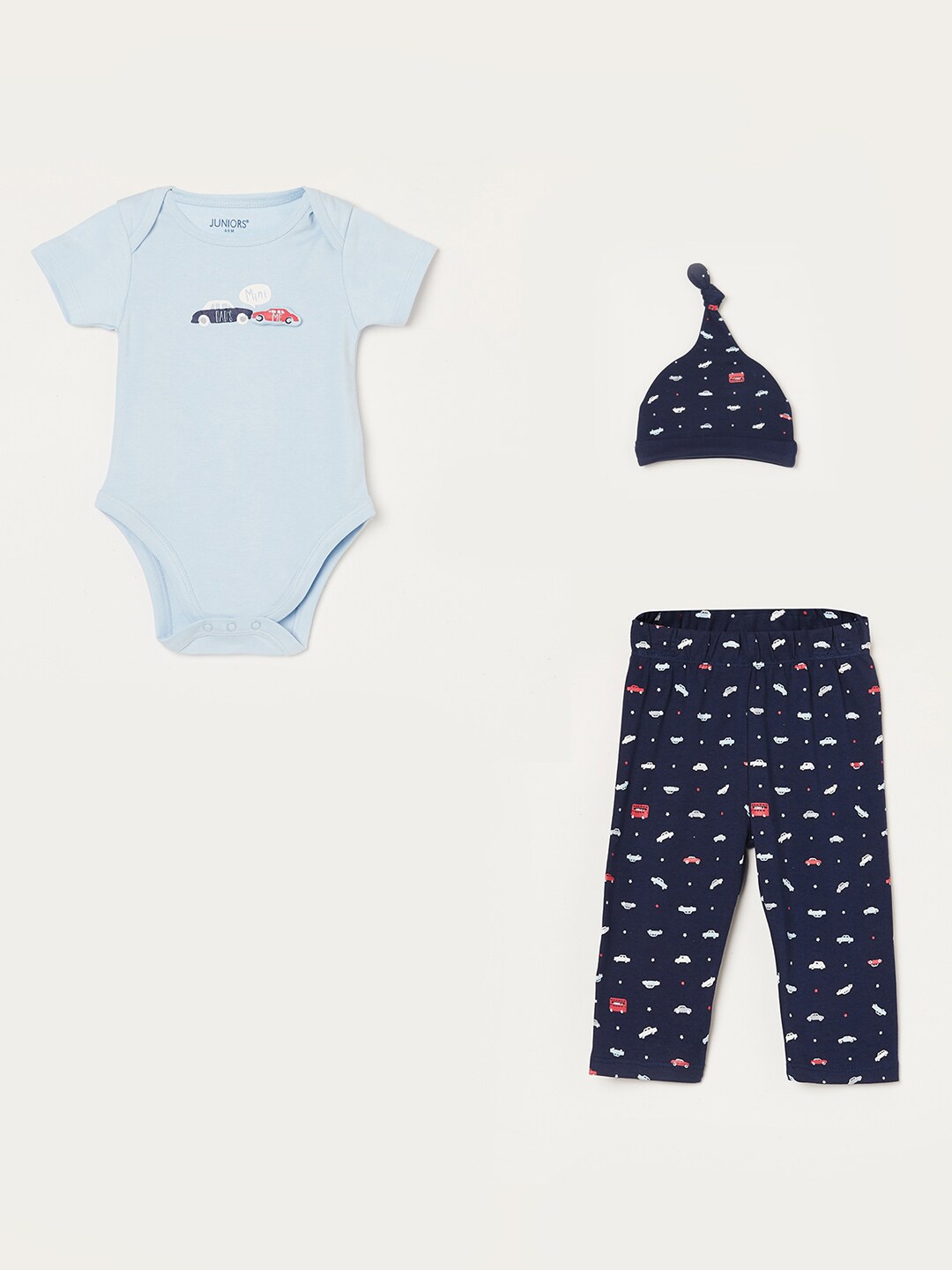 

Juniors by Lifestyle Boys Printed Pure Cotton Rompers Top & Trousers With Cap, Blue