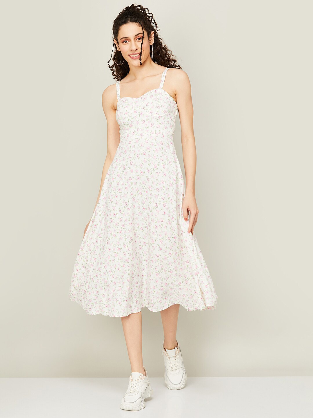 

Ginger by Lifestyle Sweetheart Neck Floral Printed Midi Dress, White