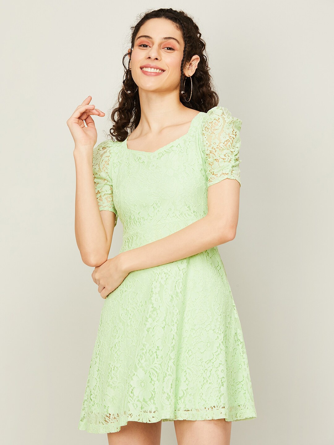 

Ginger by Lifestyle Round Neck Self Design Mini Dress, Green